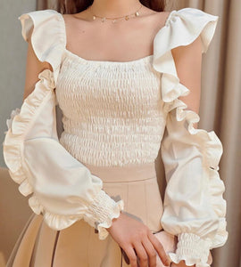square neck irregular lotus leaf long-sleeved folds top NSBJD112395