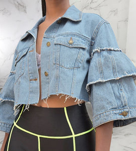 stitching sleeved crop Denim Top NSMRF116556