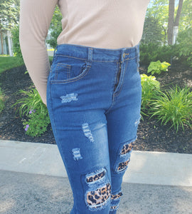 Leopard Print Patch Elastic Feet  Blue Jeans