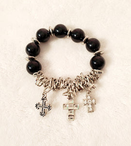 Black Beaded Cross Charm Bracelet