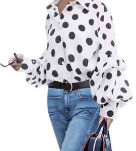 Large White Polka Dots Button Down Blouse
