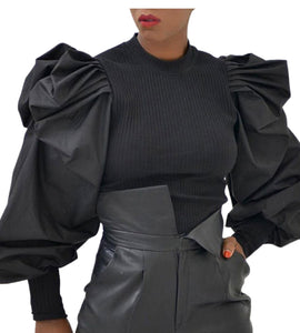 Stylish Black Pleated Puff-Out Blouse