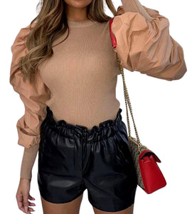 Stylish Black Pleated Puff-Out Khaki Blouse
