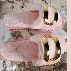 Pink Metal Buckle Plush Slippers