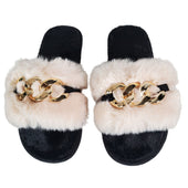 Apricot Metal Hollow Chain Furry Slippers