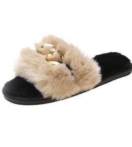 Apricot Metal Hollow Chain Furry Slippers